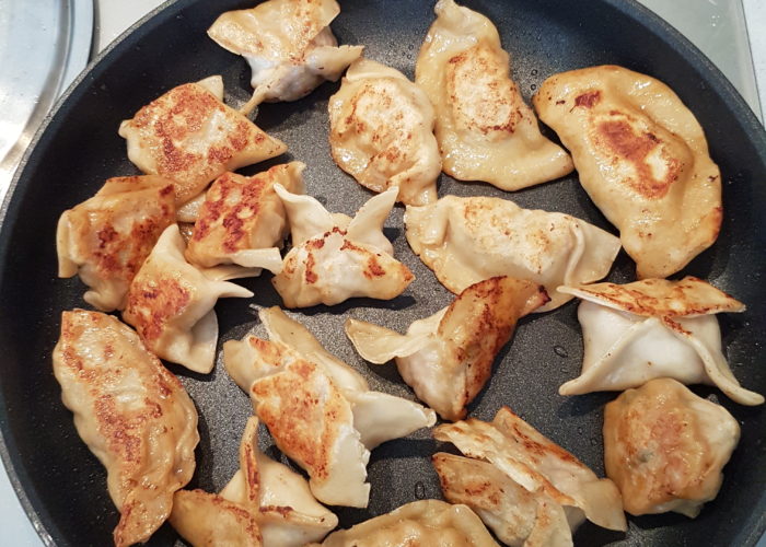 potstickers in a pan