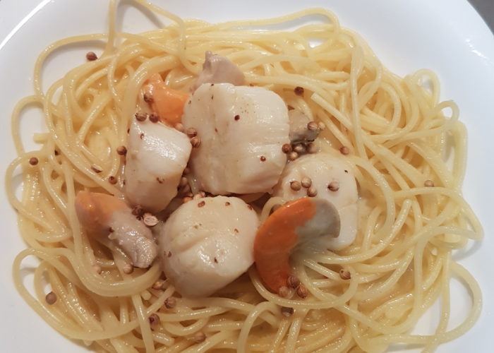 spaghetti et noix de saint-jacques à la moutarde