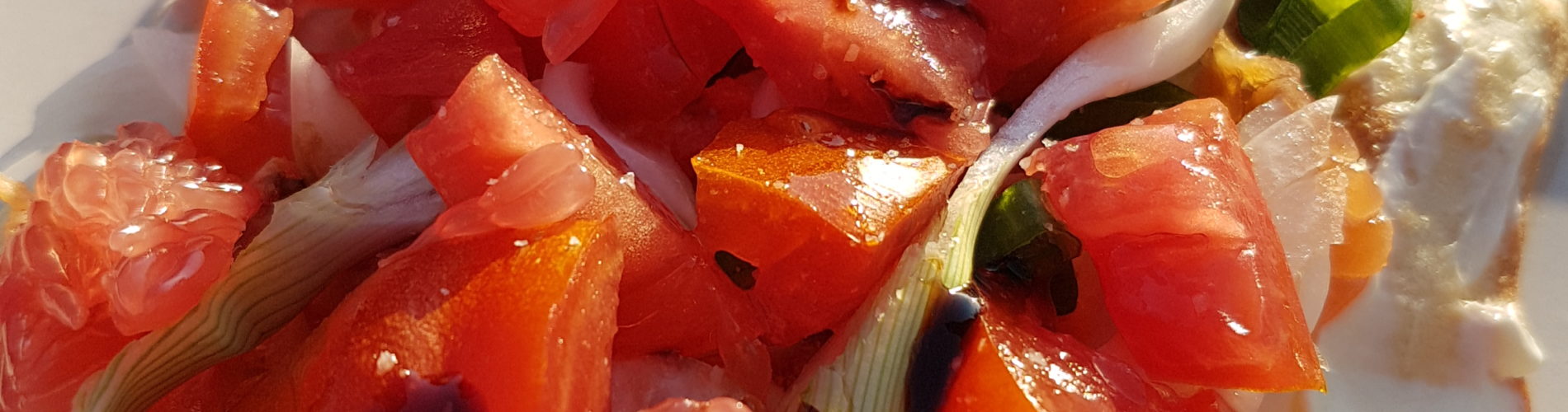 petite pizza ovale très garnie morceaux de tomate oignon et pamplemousse bien visibles